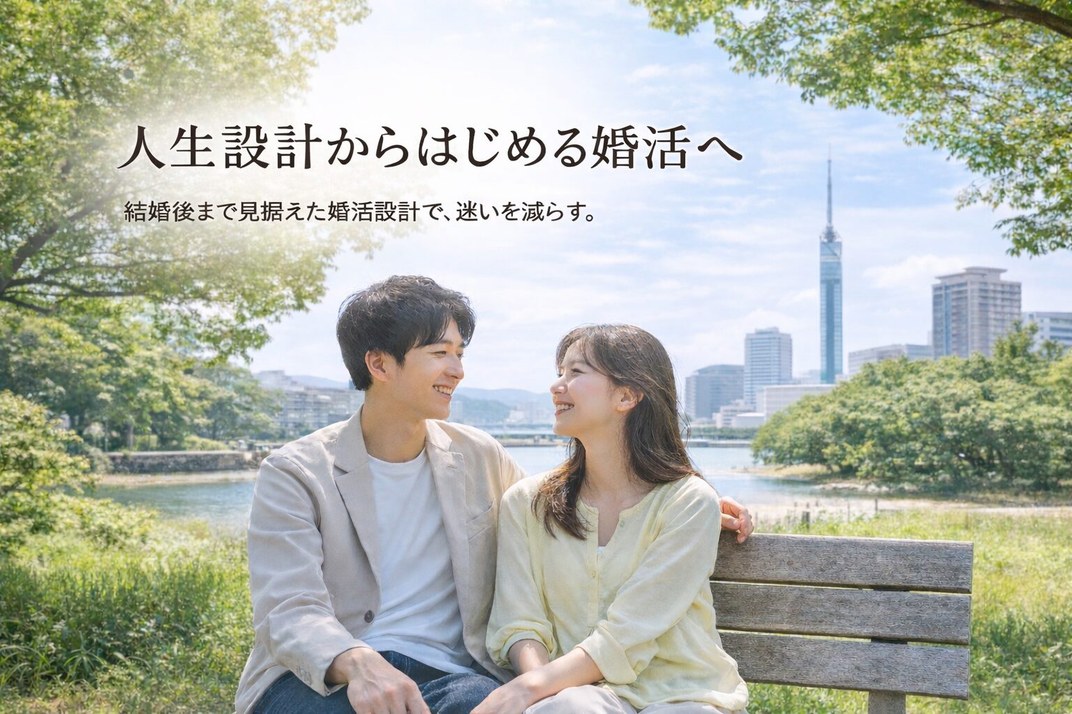 結婚後まで見据えた婚活設計をテーマに、公園のベンチで微笑み合う男女のイメージ写真