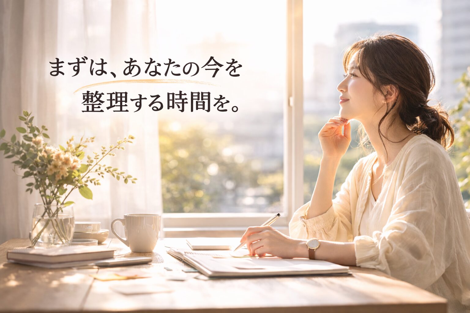 窓辺でノートを開き、自分の状況を整理する女性のイメージ写真