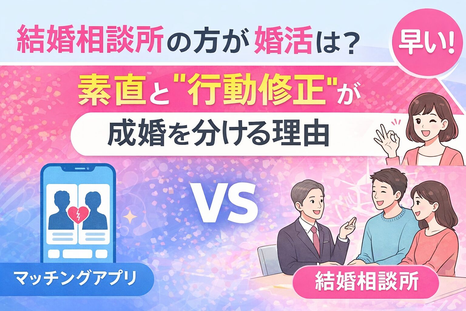 婚活は結婚相談所の方が早い理由を解説するアイキャッチ画像。マッチングアプリとの違いと「素直」「行動修正」が成婚を分ける構造を示したデザイン。
