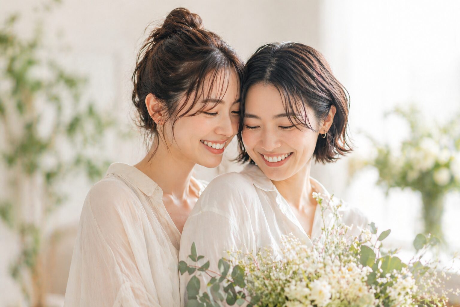 30代女性カップルのご成婚イメージ。やわらかな光の中で寄り添い微笑む二人