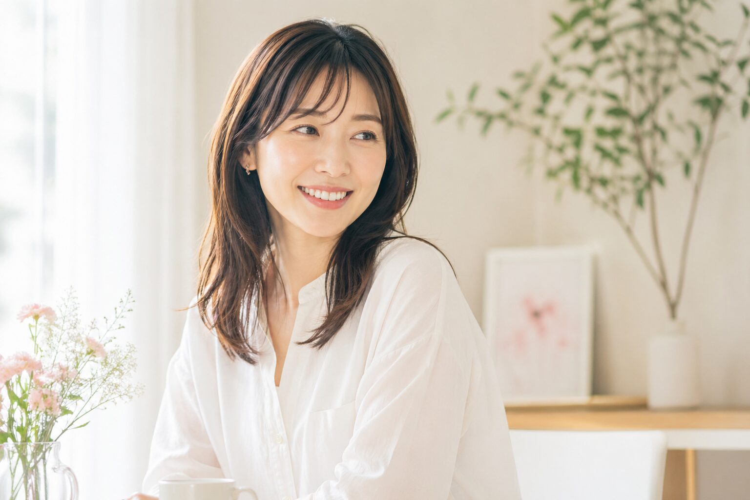 30代女性が自然な笑顔でくつろぐ室内シーン｜婚活成功イメージ