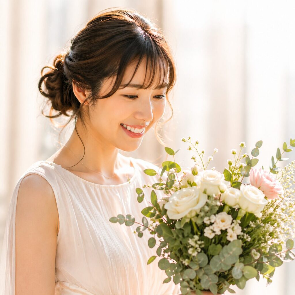 30代女性のご成婚イメージ。やわらかな光の中で花束を持ち微笑む女性