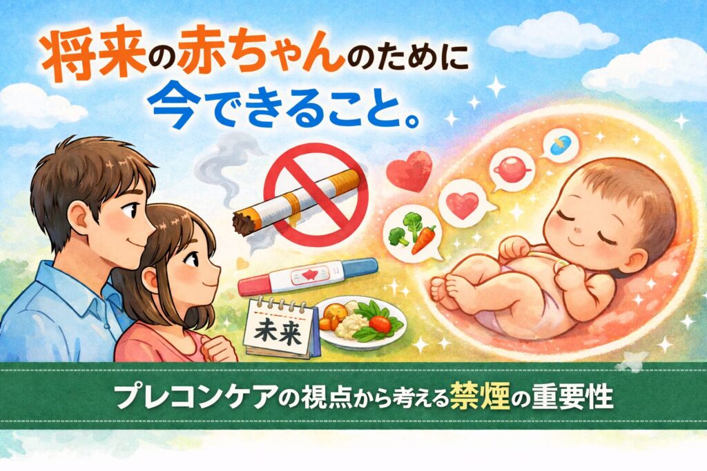 将来の赤ちゃんをイメージするカップルと禁煙マーク、プレコンケアの視点から禁煙の重要性を伝えるイラスト