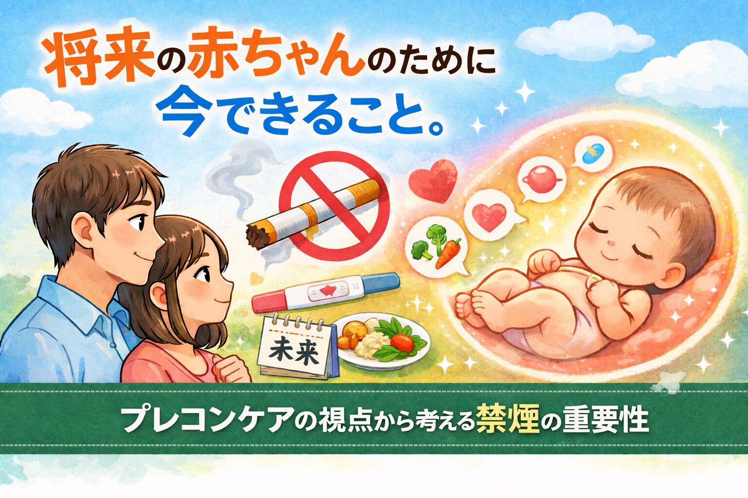 将来の赤ちゃんをイメージするカップルと禁煙マーク、プレコンケアの視点から禁煙の重要性を伝えるイラスト